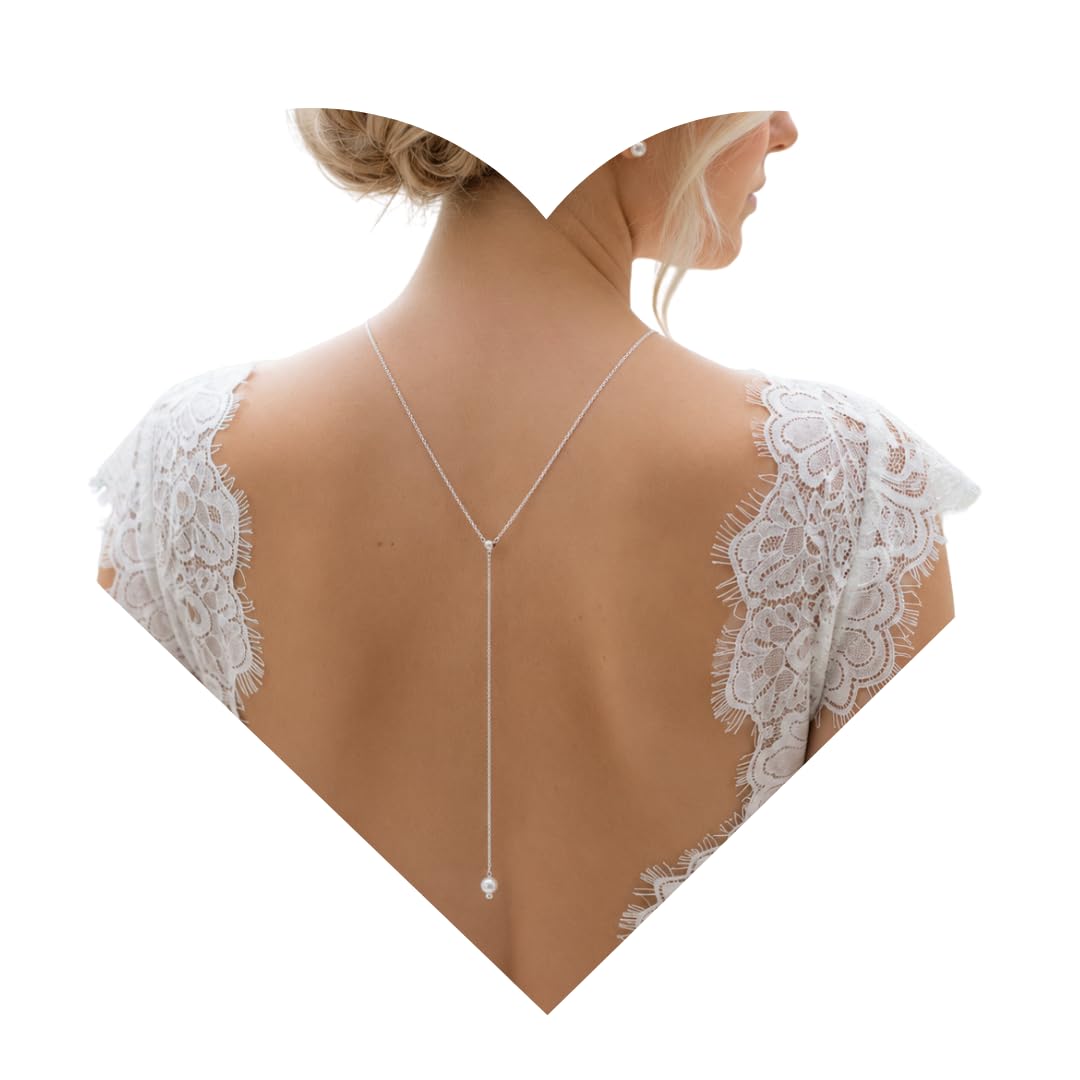 2 en 1 - Collar para novia de plata con perlas, collar para vestidos de novia sin espalda con cadena ajustable en la espalda y pendientes de perlas, juego de joyas para boda, oficina de