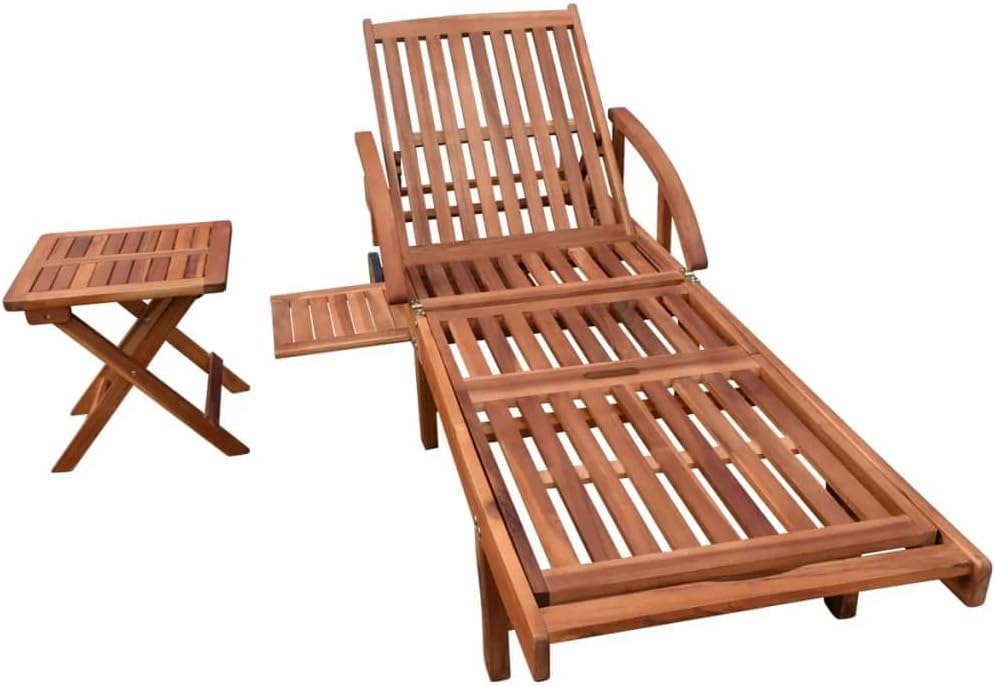 Sun Lounger with Table,Outdoor Lounge Chairs,Patio Furniture,Wheels Make it Easy to Move,with Galvanized Hardware,Adjustable Backrest and Footrest,for Garden,Lawn, Solid Acacia Wood