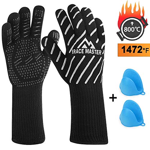 Guanti da Barbecue, Resistenti al Calore Fino a 800 ° C, con Un Paio di Guanti in Silicone in Confezione, Guanti da Forno, per Cucina, Barbecue, Caminetto e Carbone (1 Paio)