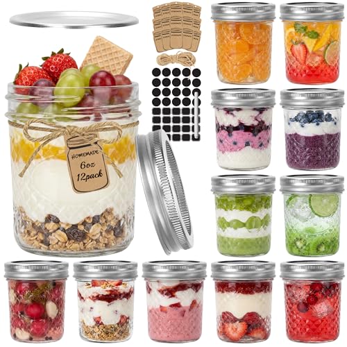 CycleMore Mason Jars 6 oz 12 Pack Diamond Glass Jars with Silver Split Lids Small Canning Jars for Caviar Jam Honey Jelly Sauce Spices and Wedding Favors