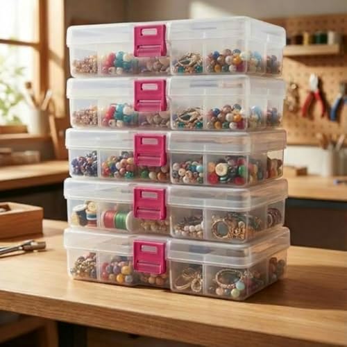 5pcs Large Clear Plastic Storage Boxes with Lids, Waterproof & Stackable Organizer Bins for Jewelry, Beads, Craft & Small Parts (pink)