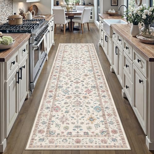 PureCozy Runner Rugs for Hallway 60x240cm Long Vintage Area Rug Washable Non Slip Lounge Bedroom Kitchen Bedside Office Corridor Indoor Floral Bobo Carpet Low Pile, Multicolored