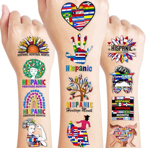 100 PCS Hispanic Heritage Month Temporary Tattoos Themed Spanish Birthday Party Decorations Supplies Favors Decor Culture Latin American Stickers Cute Gifts for Game Boys Girls School Rewards Carnival