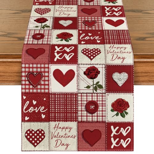 Artoid Mode Love Polka Dot Heart Rose 210 GSM Happy Valentine's Table Runner, Wedding Kitchen Dining Table Decoration for Home Party Decor 13x72 Inch