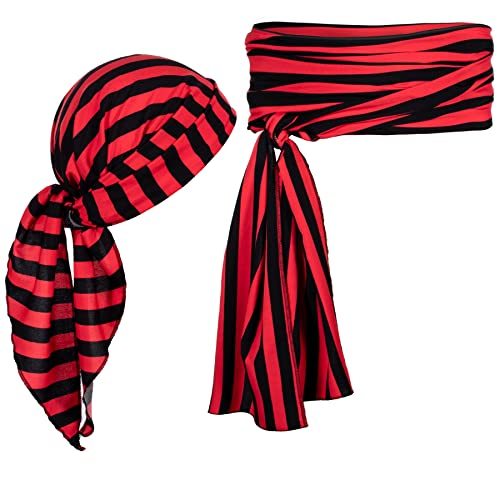Pirate Costume Accessories/Plus Size Striped Pirate Scarf Belt Waist Sash and Pirate Head Scarf Bandanas for Halloween Women Men (Red&Black)