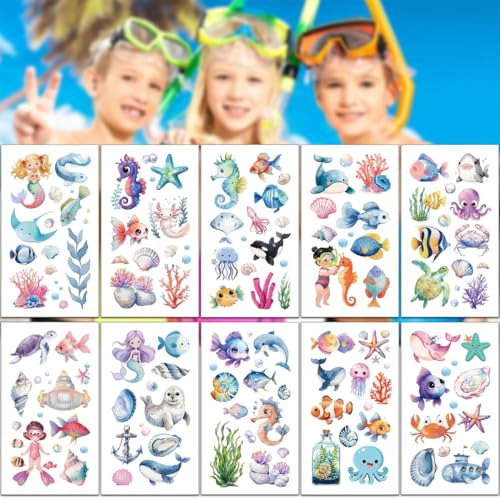 GGUFAY Animais marinhos tatuagens temporárias crianças, 10 folhas tatuagens temporárias crianças, purpurpurina, tatuagem falsa, detalhes presentes de aniversário para crianças, presentes para meninos