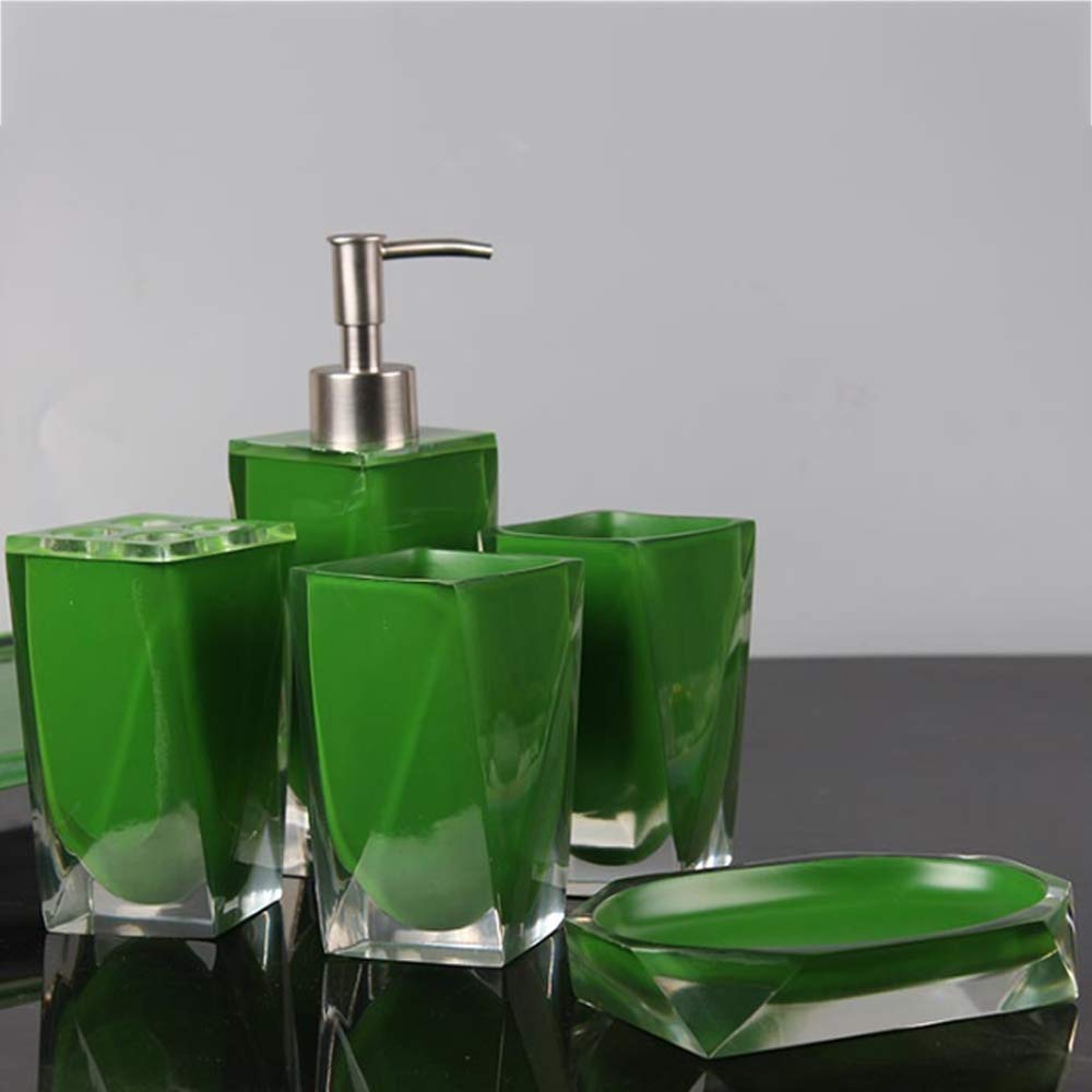 Juego de Accesorios de Baño de Resina Conjunto de Baño con Porta Cepillo de Dientes, 2 Tazas, Dispensador de Jabón Líquido, Jabonera,Verde