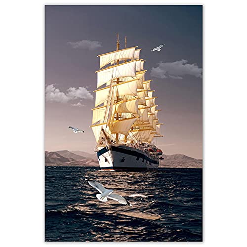 Toile océan paysage bateau contre les murs vides : Affiche décorative salon lumineuse 50x70