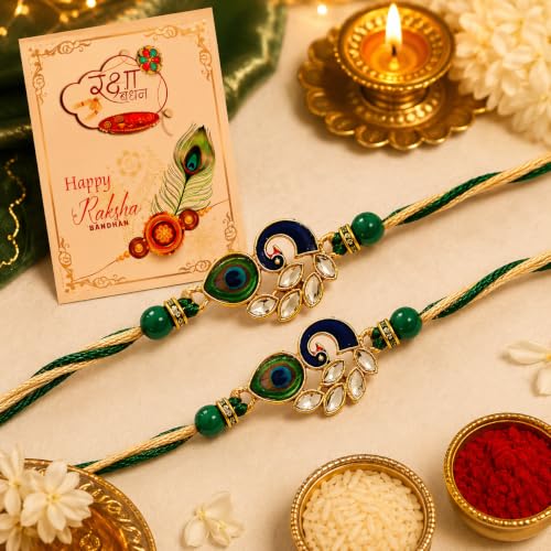 Image of Rakhi For Brother | Elegant Kundan Gold Plated Metal Rakhis For Brother Bhai Rakhi With Roli Chawal and Greeting Card (Set of 2 Rakhis)