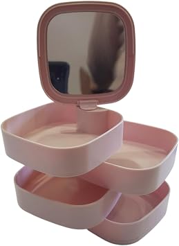 4 Tiers Mirror Square 360 Degree Rotatable Jewelry Organizer Box Pink