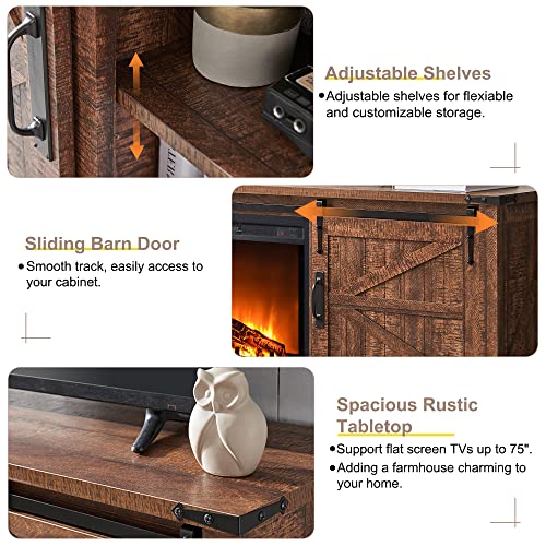 Okd Fireplace Tv Stand For 75+ Inch Tv, Farmhouse Entertainment Center With 23" Electric Fireplace And Remote Control, Long Rustic Media Console Cabinet With Sliding Barn Door, Reclaimed Barnwood #TOP2