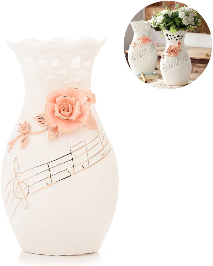 Large White Ceramic Flower Vases,10.6’’ Oval Tall Decorative Vases with Handmade Porcelain Pink Flowers for Living Room, Kitchen, Table, Home, Office, Wedding, Centerpiece or as a Gift