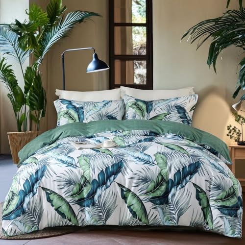 OAITE Duvet Cover King Size,Reversible Summer Leaf Green Duvet Cover Set with Zipper Closure, 3 Pieces Modern Patterns Soft Microfiber Bedding Set with 8 Ties(104’’*90’’,2 Pillow Cases)