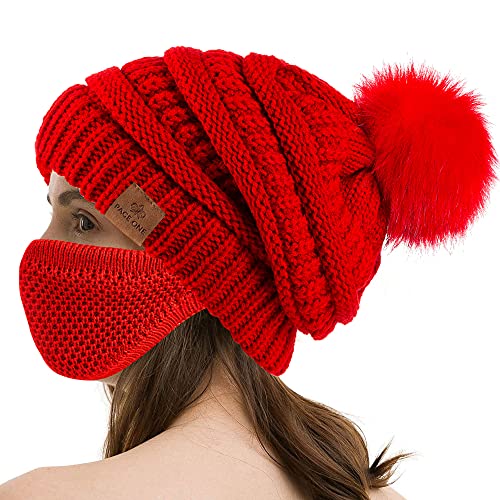 PAGE ONE Womens Fleece Lined Slouchy Beanie Chunky Baggy Hat Fur Pompom Winter Soft Warm Cap