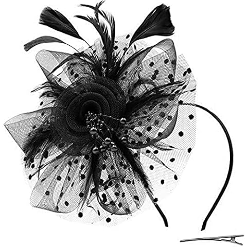 XYIYI Black Fascinators Hat Flower Mesh Feathers Headband Tea Party Headwear Wedding Hair Clip for Women Girls Cover