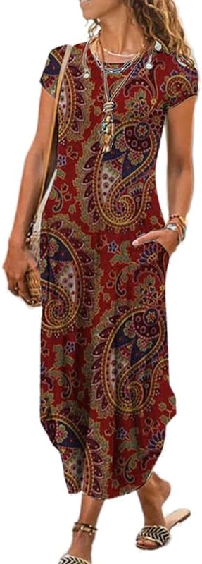 Akivide Women's Boho Floral Maxi Dress Summer Casual Loose Short Sleeve Beach Vacation Dress with Pockets size small