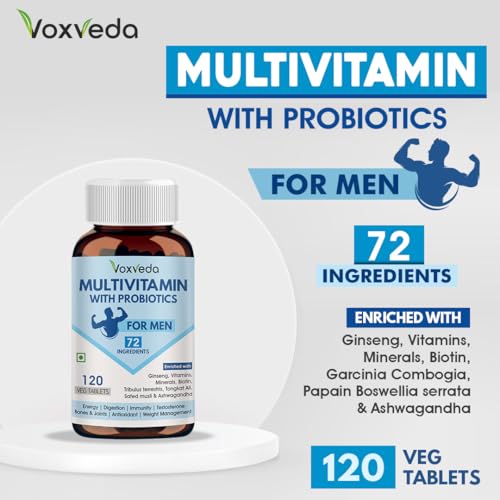 Image of Voxveda's Multivitamin for Men with Probiotics - 72 Ingredients | Multivitamin Tablet with Ginseng, Vitamin, Minirals, Aswagandha, Biotin (120 Veg Tablets)