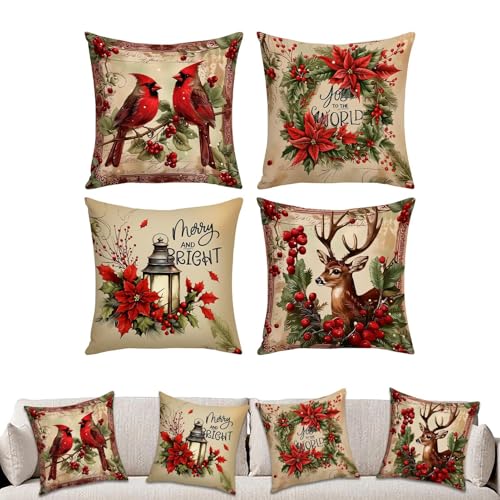 Weihnachtskissenbezüge - 45 x 45 cm 4 Stück Rot - Vintage Dekokissen...