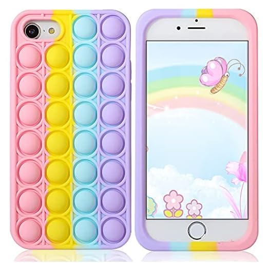 Aupartuds Pop It Phone Case for iPhone 8 7 6,Stress Reliever Push Pop Bubble Fidget Toys Cover,Cute Funny Soft Silicone Protective Shell for iPhone SE 4.7 inch - Rainbow