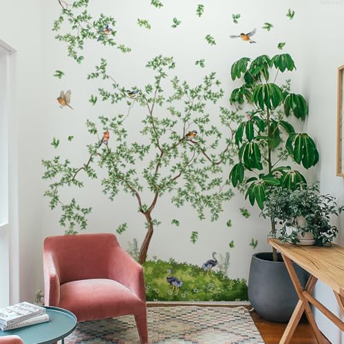 Mirabuy Large Green Twig Tree Wall Decals Falling Green Leaves Plants with Birds Wall Stickers for Living Room Nursery Wall Decor, 50x41 inches