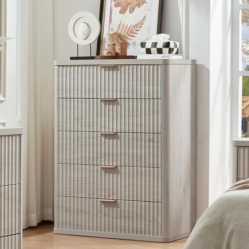 Image of LEYAOYAO Fluted 5 Drawers Dresser for Bedroom, 41 inch Tall Modern Chest of Drawers with Metal Handle, Curved Profile Farmhouse Closet Organizer Wood Dressers TV Stand for Living Room, Hallway, Lightgrey