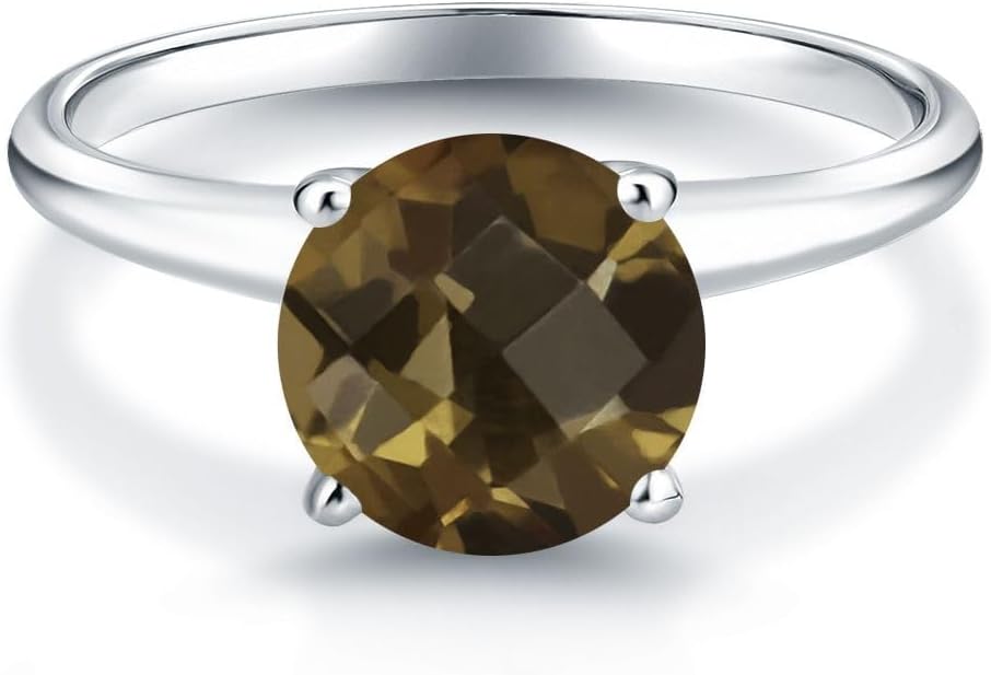 Gem Stone King 1.80 Cttw 14K White Gold Brown Smoky Quartz Solitaire Engagement Ring | Round Checkerboard 8MM | Gold Ring For Women