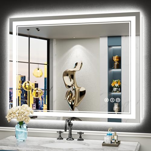 Image of 44x36 LED Bathroom Mirror with Lights, Backlit and Front Lit Anti-Fog Lighted Vanity Mirrors for Bathroom Wall, Dimmable, 3-Color Light, Memory, Shatter-Proof, HD Tempered Glass, CRI>90