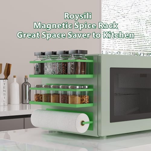 Image of Magnetic Spice Rack For Refrigerator Magnetic Fridge Shelf For Kitchen Spice Organizer Magnetic Shelf For Fridge Space Saving Green 4 Pack With Magnetic Paper Towel Holder