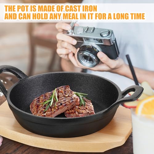 Sliner 4 Sets Mini Cast Iron Skillet Small Cast Iron Plates Skillet with Wooden Base Small Round Pan Fajita Plate Pot for Baking Cooking(7.9 Inches) by Sliner - Image 4