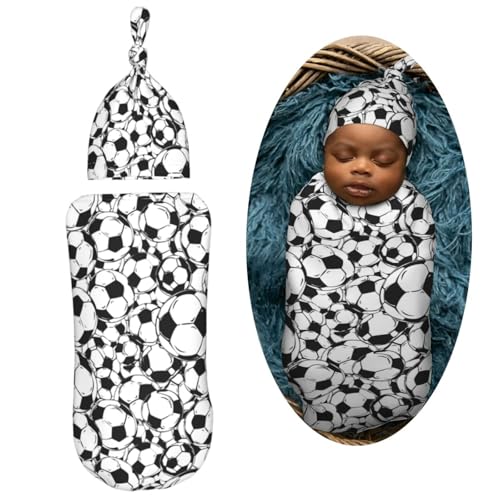 Image of Soccer Balls White Newborn Swaddle Blanket with Beanie Set Soft Baby Sack Stretch Adjustable Swaddle Wraps Receiving Blankets