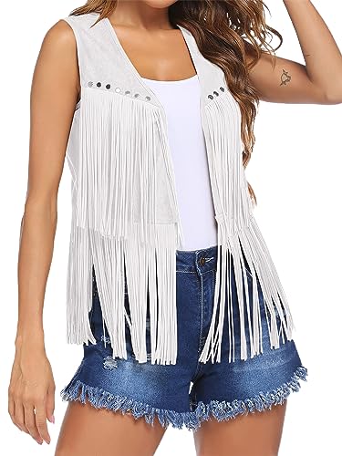 Womens Fringe Vest 70s Hippie Costume Sleeveless Cowgirl Western Jacket Faux Suede Tassel Outerwear Cardigan Outfit2