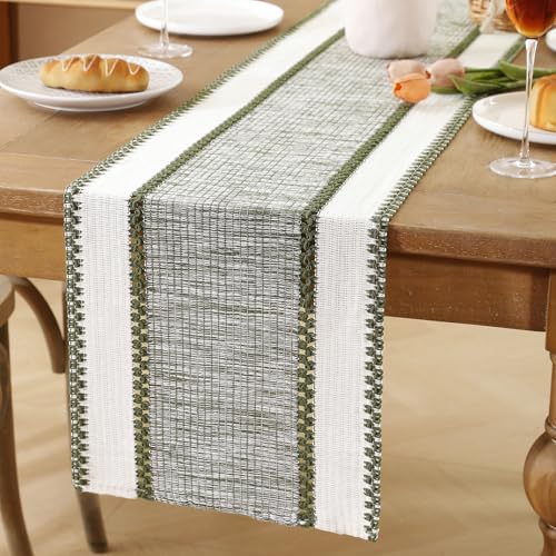 Camino de mesa verde blanco estilo bohemio, moderno estilo rústico, camino de mesa de lino tejido lavable, mantel de mesa para comedor, cocina, salón, 30 x 140 cm
