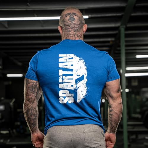 GYMTIER Spartan Split Helmet Camiseta de Gimnasio para Hombre Entrenamiento de Culturismo Ropa Superior de Levantamiento, Azul Real, M