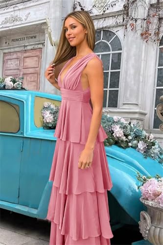 Tiered Chiffon Bridesmaid Dresses for Women 2025 Pleated Formal Evening Gowns with Ruffles3