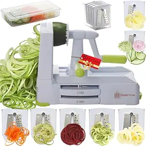 7-Blade Spiralizer: Strongest-and-Heaviest Duty Vegetable Spiral Slicer, Best Veggie Pasta Spaghetti Maker for Low CarbPaleoGluten-, with Blade Caddy, Container, Lid & 3 Recipe Ebooks