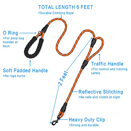 Image of PLUTUS PET Rope Dog Leash 6ft Long,Traffic Padded Two Handle,Heavy Duty,Reflective Double Handles Lead for Control Safety Training,Leashes for Large Dogs or Medium Dogs,Dual Handles Leads(Orange)