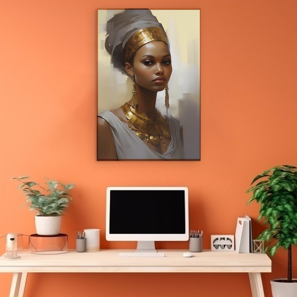Canvas for Living room. Elegance in Profile: Serenity Embodied in a Digital Portrait of an African Queen, 27 x 18 inch Canvas Wall Art - Contemporary Masterpieces - Modern Home Decor