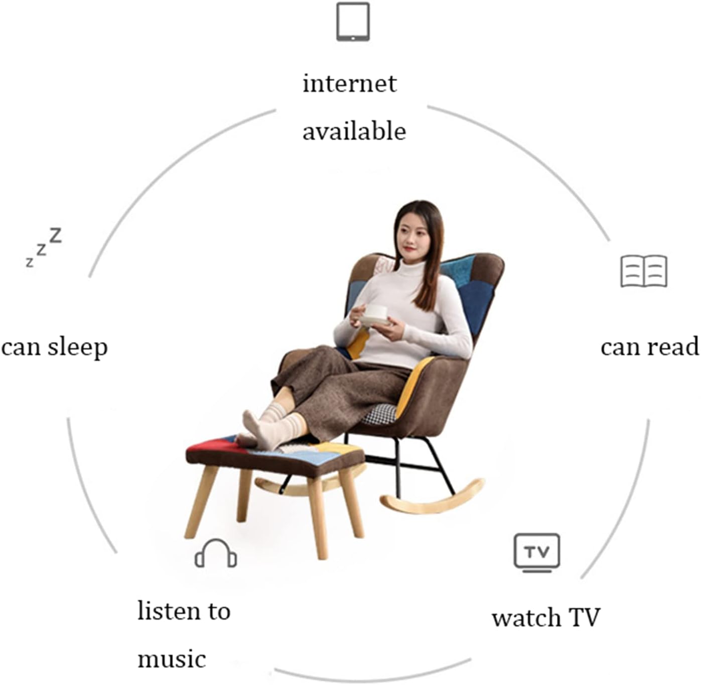 Patchwork Rocking Chair, Rocking Nursing Chairs Nursery Chair with Solid Wood Base Colourful and Patchwork High Back Lounge Chair and Footstool for Living Room/Bedroom/Terrace (B)