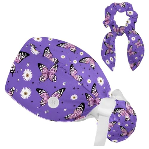 Image of Colored Butterflies Scrub Caps Women Ponytail, Adjustable Bouffant Surgical Caps with Button, Nurse Hats Long Hair