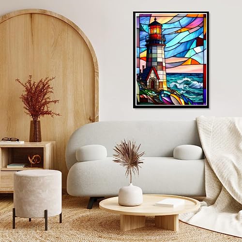 Image of 5D Stained Glass Lighthouse Diamond Painting,Adult Diamond Art kit, DIY Diamond Painting kit,Full Diamond Round Diamond dot Diamond Art kit,Craft Home wall Art decorating-12x16in