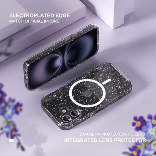 Choiche for iPhone 16 Plus Case Magnetic, Women Clear Glitter Bling Sparkly Case, [2xDiamond Camera Lens Protectors] [2xTempered Glass Screen Protectors] [Compatible MagSafe] 6.7" (Glitter Black) by Choiche - Used condition - Image 4