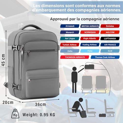 Sac Cabine Ryanair 40X30X20 : COOLIFE Sac à Dos Cabine 45x36x20 EasyJet Ryanair Eurowings avec ... – Image 2