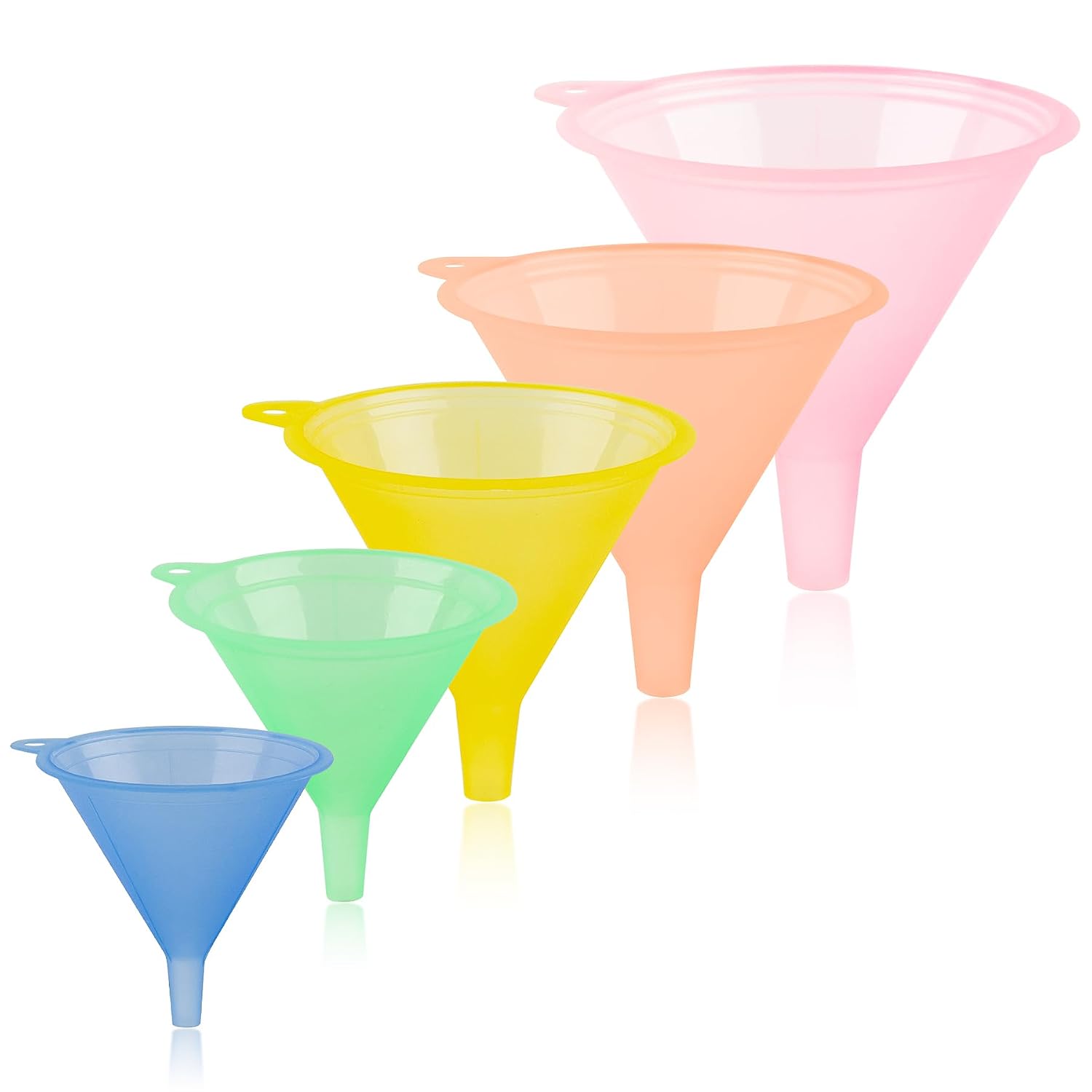 AUEAR, Candy Colors Plastic Funnel Set for Quick and Clean Transferring Kitchen Liquid Spices Powder Cosmetic Lotion Essential Oils Food Grade 5 Different Sizes (5 Pcs)