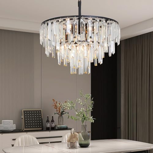 Aimluxin Modern Black Crystal Chandelier, 18" Round Chandeliers for Dining Room 4-Tier 6 Lights Luxury Top K9 Crystal Ceiling Pendant Light Fixture for Foyer Bedroom Closet — view 3
