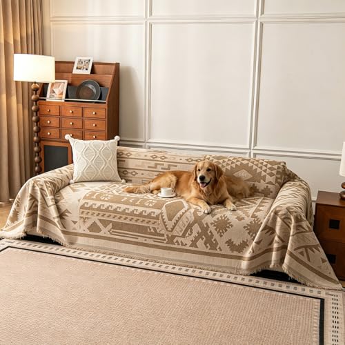 STACYPIK Boho Geometric Couch Cover for Pets, Reversible Sofa Cover, Khaki