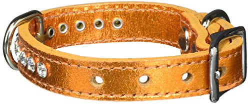 Image of Signature Leather Crystal Dog Collar, Metallic Apricot Solid Grain Leather, Fits 6 inch-8 inch Neck Size, 10 inch Overall Length