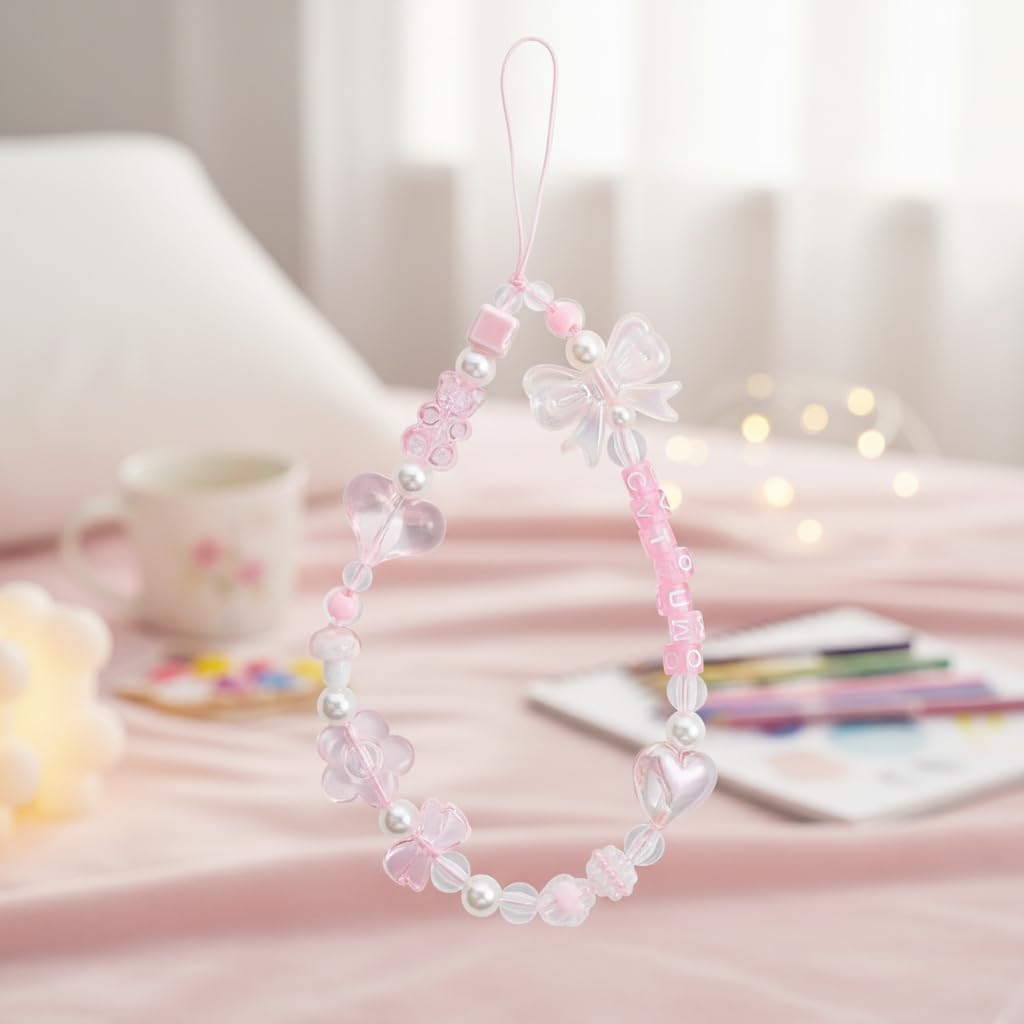Pink Acrylic Beaded Mobile Phone Straps Anti-Lost Hand Strap Pendant Hanging Rope Phone Wrist Hand Lanyard Home Cell Phone Charms Button Stickers Decor Accessories