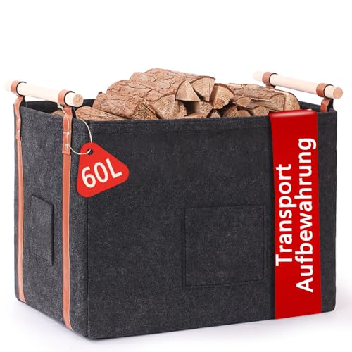 Pynhoklm® Cesta para leña de chimenea, 60 l, para leña de chimenea, 4 mm de grosor, cesta de fieltro para leña, cesta para leña, cesta para leña de chimenea, periódicos, ropa para transporte y