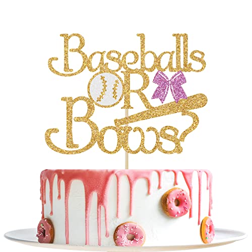 Gold Glitter Baseballs Or Bows Cake Topper - Baseball Gender Reveal Decorations - Boys Or Girl Baby Shower Party Decoration Supplies #TOP7
