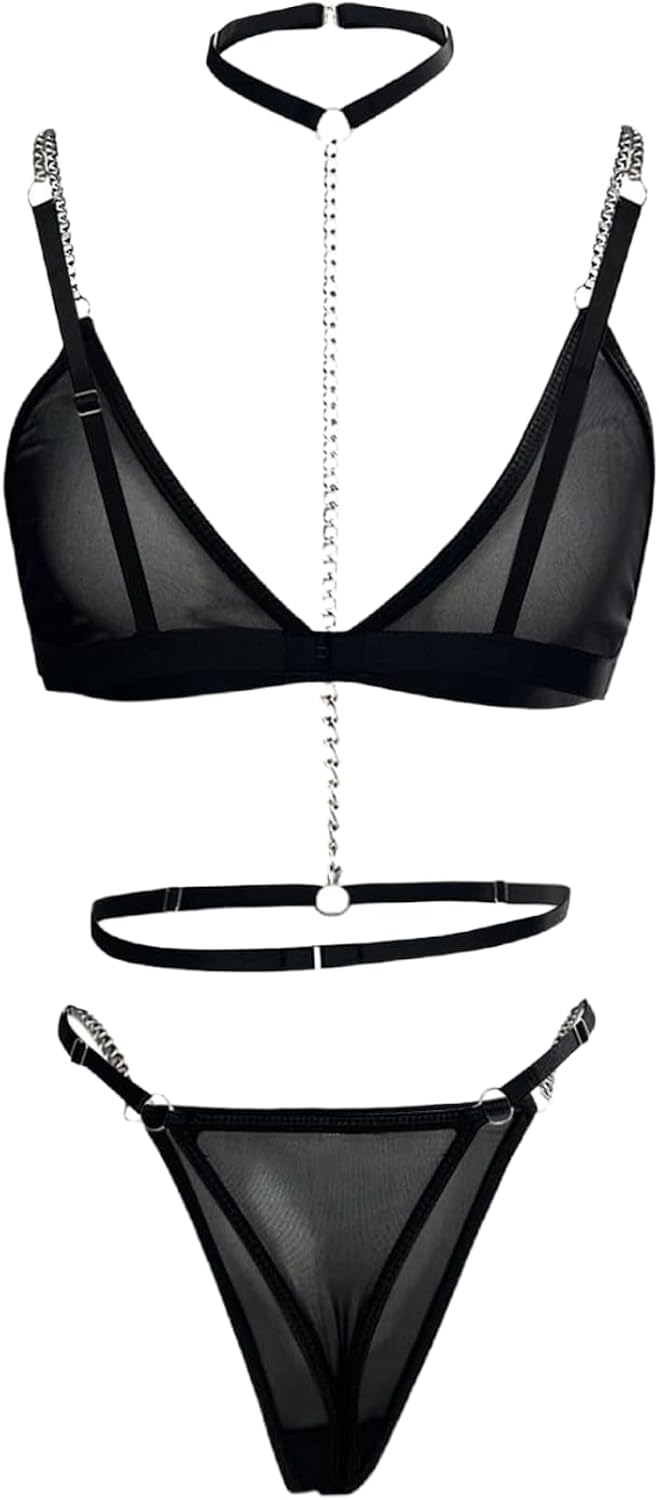 BIGFOX Sheer Mesh Lingerie Sets 3 Piece Bra and Thong Set With Metal Chain